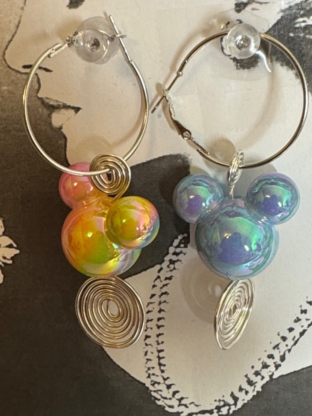 Iridescent Pink-Yellow and Blue-Purple Hoop Earrings with Mouse Charms